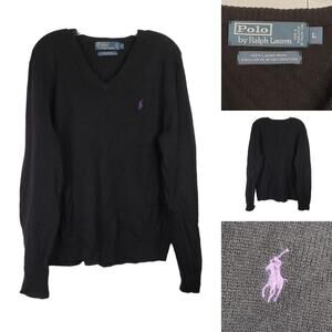 Polo Ralph Lauren Sweater Men's Large Black Lambs Wool V Neck LS Pullover